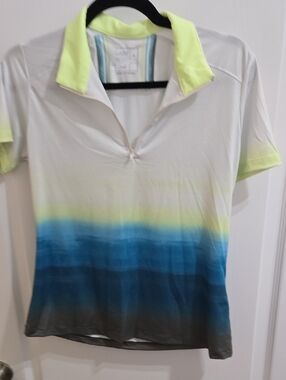 Women's Lucky In Love Gradient Polo Top in Neon Yellow and Blue Small